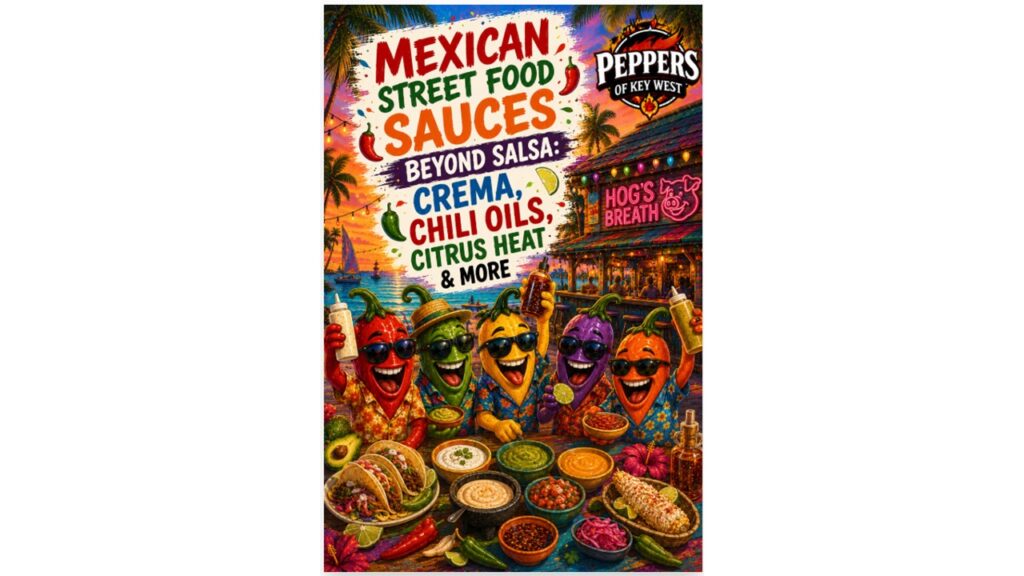 Mexican street food sauces featuring crema, chili oils, citrus-based sauces, salsa macha, hot sauces, and flavorful toppings served alongside authentic street food favorites