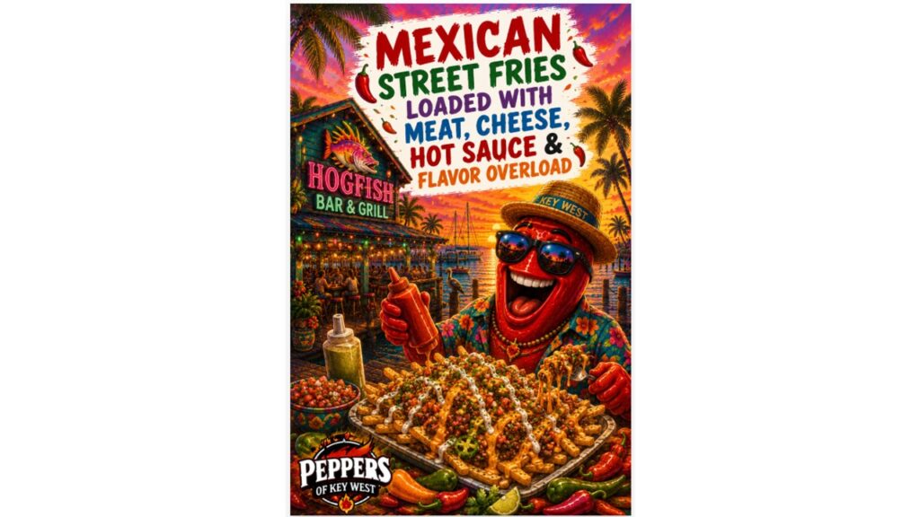 Loaded Mexican street fries topped with seasoned meats, melted cheese, hot sauce, fresh toppings, and bold street food flavors inspired by authentic Mexican cuisine