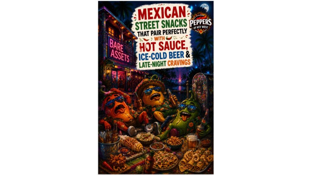 Mexican street snacks paired with hot sauce and cold beer featuring taquitos, elote, chicharrones, tostadas, and late-night street food favorites loaded with bold flavor