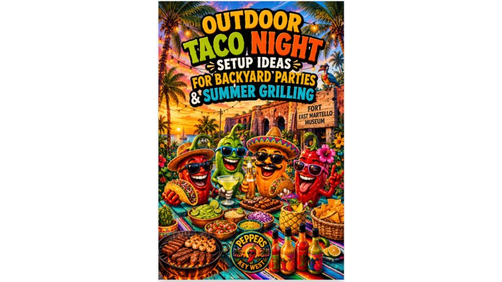 Outdoor taco bar setup in a backyard featuring grilled tacos, fresh toppings, hot sauces, summer party seating, and outdoor entertaining