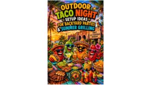 Outdoor taco bar setup in a backyard featuring grilled tacos, fresh toppings, hot sauces, summer party seating, and outdoor entertaining