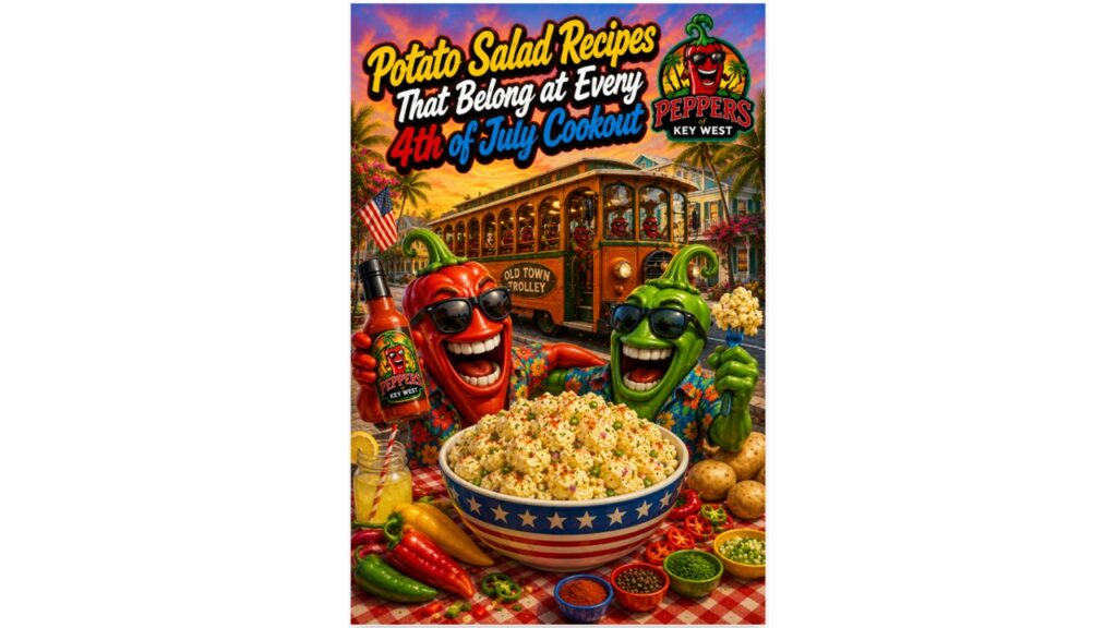 Creamy homemade potato salad served at a Fourth of July cookout alongside classic backyard barbecue favorites.