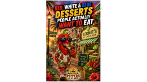Red, white, and blue desserts featuring fresh berries, whipped cream, cheesecake bars, and patriotic treats served at a Fourth of July backyard barbecue.