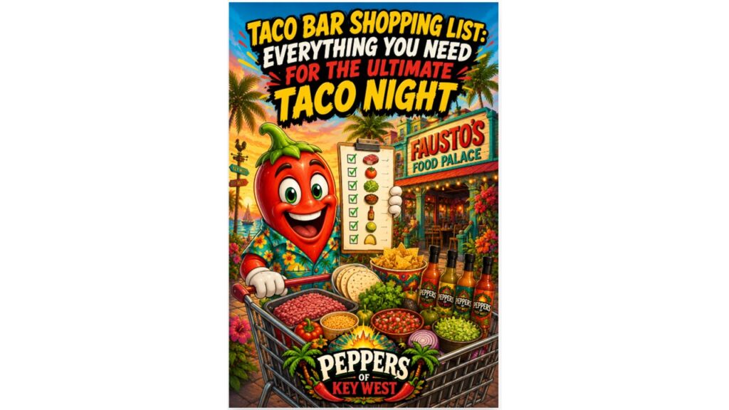 Taco Bar Shopping List with taco meats, fresh toppings, tortillas, salsas, hot sauces and party supplies for the ultimate taco night