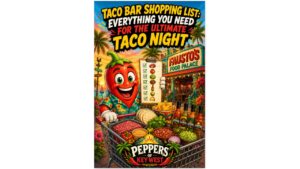 Taco Bar Shopping List with taco meats, fresh toppings, tortillas, salsas, hot sauces and party supplies for the ultimate taco night