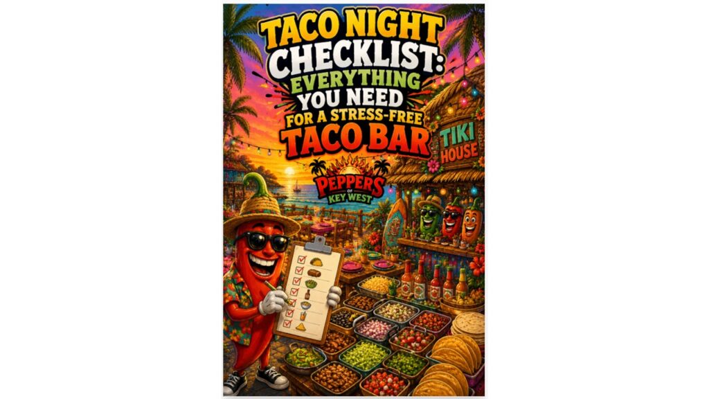 Funny red pepper mascot checking off a taco night checklist beside a fully stocked taco bar with meats, tortillas, toppings, drinks, and hot sauces in a tropical Key West setting.