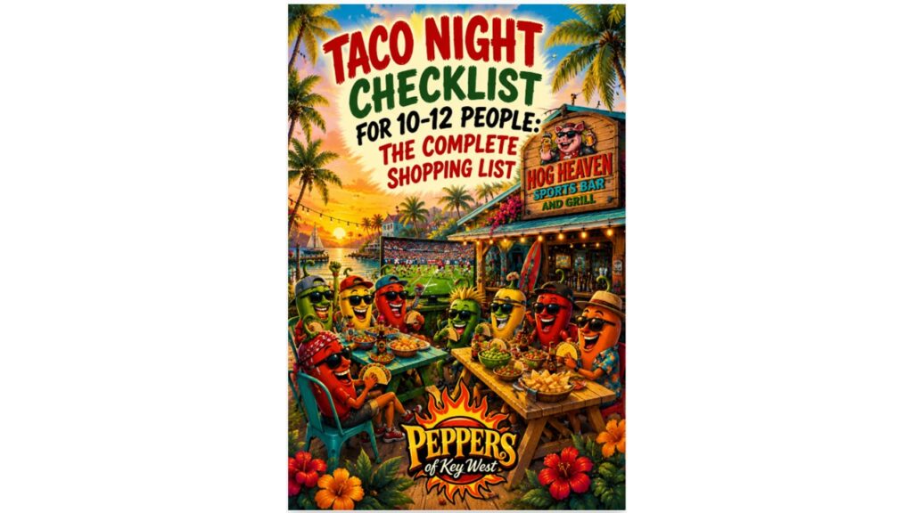 Funny red pepper mascot holding a taco-night shopping checklist beside a fully stocked taco bar with meats, tortillas, toppings, drinks, and hot sauces for 10–12 guests.