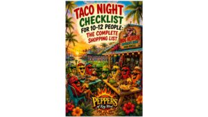 Funny red pepper mascot holding a taco-night shopping checklist beside a fully stocked taco bar with meats, tortillas, toppings, drinks, and hot sauces for 10–12 guests.