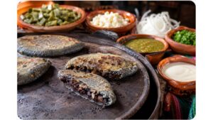 Fresh blue-corn tlacoyos cooking on a traditional Mexican comal with black bean filling, salsa verde, queso fresco, nopales, onions, cilantro, and crema.