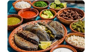 Blue-corn tlacoyos served with grilled carne asada, salsa verde, salsa roja, queso fresco, nopales, avocado, crema, cilantro, and fresh lime.