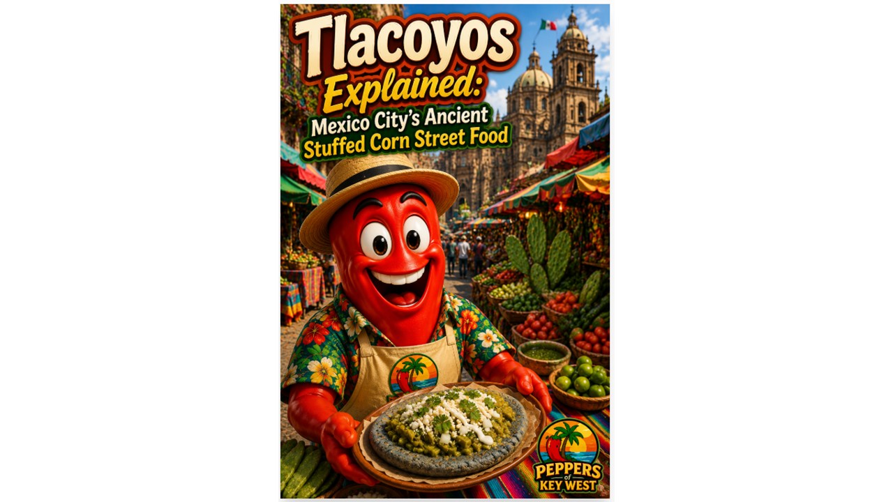 Tlacoyos served fresh at a colorful Mexico City street market with happy pepper mascots.