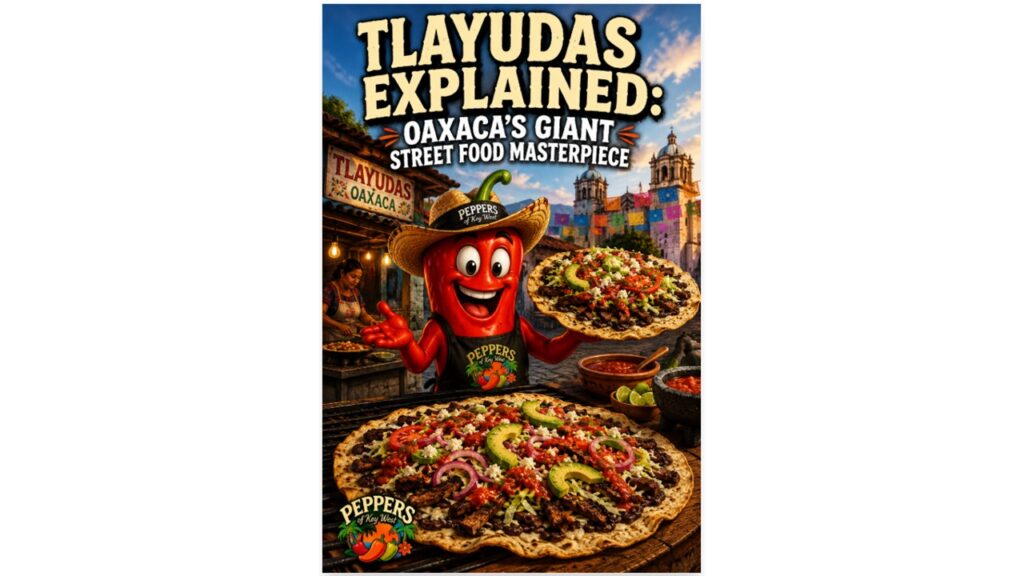 Authentic Oaxacan tlayuda topped with black beans, Oaxaca cheese, tasajo, avocado, fresh salsa, and grilled vegetables.
