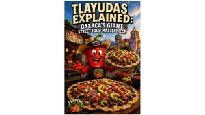 Authentic Oaxacan tlayuda topped with black beans, Oaxaca cheese, tasajo, avocado, fresh salsa, and grilled vegetables.