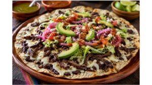 Traditional Oaxacan tlayuda topped with black beans, Oaxaca cheese, tasajo, avocado, pickled onions, and fresh salsa.
