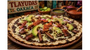 Assorted Oaxacan tlayudas topped with tasajo, cecina, chorizo, Oaxaca cheese, black beans, and fresh vegetables.