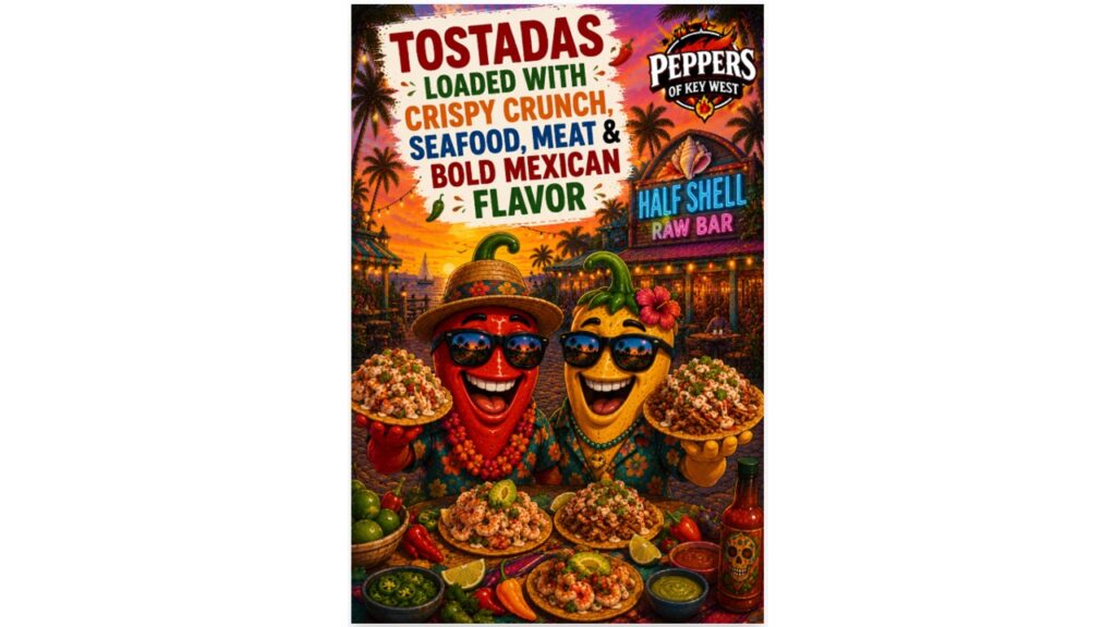 Loaded Mexican tostadas topped with seafood, seasoned meats, fresh vegetables, creamy sauces, and hot sauce, showcasing the crispy crunch and bold flavors of authentic street food