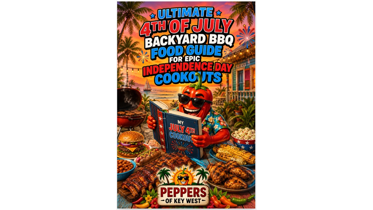 Fourth of July backyard BBQ feast featuring burgers, hot dogs, ribs, chicken, side dishes, snacks, desserts, and patriotic cookout foods on a picnic table.