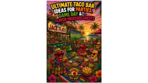 Ultimate taco bar featuring multiple meats, fresh toppings, tortillas, salsa, hot sauces, side dishes, and drinks for parties, game day, and taco lovers