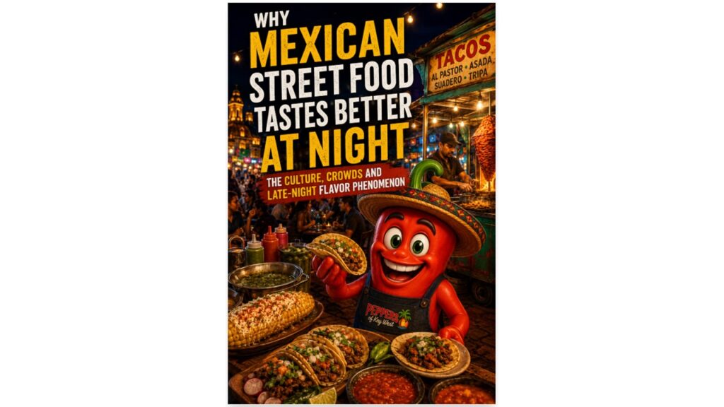 Bustling Mexican night market with street tacos, glowing food stalls, charcoal grills, and evening crowds enjoying authentic street food.