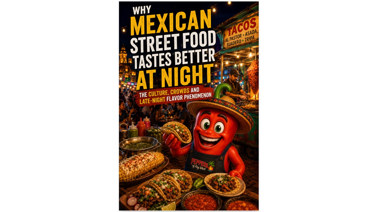 Bustling Mexican night market with street tacos, glowing food stalls, charcoal grills, and evening crowds enjoying authentic street food.