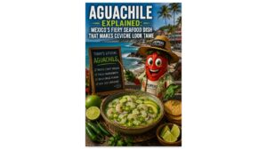 Aguachile Explained: Peppers of Key West mascot teaching about authentic Mexican aguachile with fresh shrimp, serrano peppers, lime, avocado, and tostadas overlooking the Pacific coast of Sinaloa, Mexico.