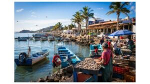 Traditional shrimp boats and fishermen unloading the day's catch along the Pacific coast in Sinaloa, Mexico, the birthplace of authentic aguachile.