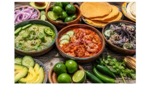 Three styles of Mexican aguachile—green, red, and black—served with shrimp, cucumber, avocado, red onion, limes, serrano peppers, and tostadas.