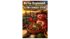 Professor Pepper presents authentic birria in Guadalajara, Jalisco, with a traditional bowl of slow-cooked stew, consommé, handmade tortillas, and the city skyline at sunset.