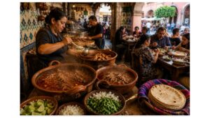 An authentic family-run birriería in Guadalajara, Jalisco, where cooks serve traditional birria from large clay pots as families enjoy steaming bowls with fresh tortillas.