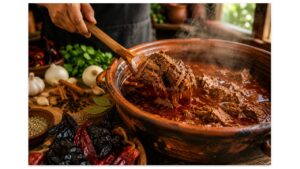 Close-up of authentic birria simmering in a traditional clay pot in a Jalisco kitchen, with tender slow-cooked meat, rich consommé, dried chiles, herbs, and spices.