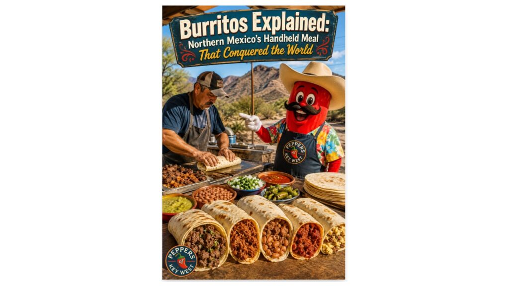 Authentic Northern Mexican burritos being prepared at a roadside stand in Sonora with handmade flour tortillas, traditional fillings, and the Peppers of Key West teaching mascot.