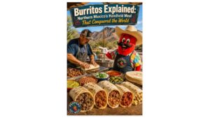 Authentic Northern Mexican burritos being prepared at a roadside stand in Sonora with handmade flour tortillas, traditional fillings, and the Peppers of Key West teaching mascot.