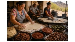 A multigenerational family prepares oversized handmade flour tortillas on large comales in a traditional Sonoran tortillería beside authentic burrito fillings.