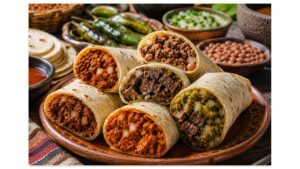 Close-up of authentic Northern Mexican burritos sliced open to reveal carne asada, machaca, chile colorado, beans, and chile verde in handmade flour tortillas.
