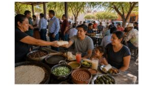 Customers enjoy authentic Northern Mexican burritos at a busy neighborhood burrito stand in Hermosillo, Sonora during the lunchtime rush.