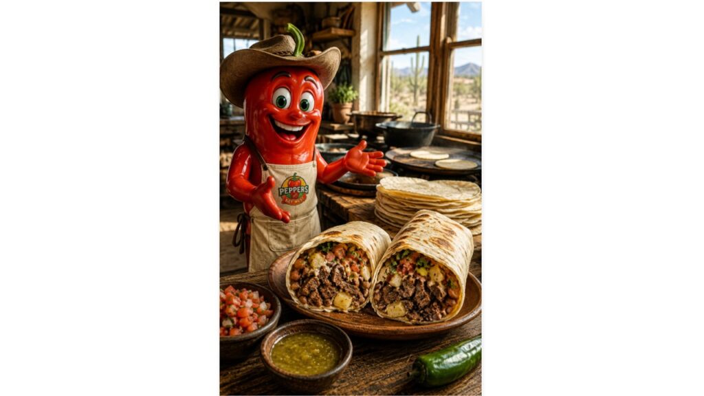 Red pepper mascot wearing a rustic ranch hat and Peppers of Key West apron teaching about an authentic Northern Mexican burro inside a warm Sonoran ranch kitchen.