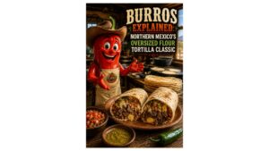 Teaching pepper mascot presenting authentic northern Mexican burros made with oversized flour tortillas in a rustic Monterrey-style ranch kitchen beneath the article title.