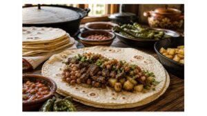 Authentic Northern Mexican burro being assembled with grilled carne asada, beans, roasted potatoes, fresh salsa, and handmade flour tortillas inside a rustic Sonoran ranch kitchen.