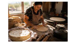Traditional Sonoran cook hand-rolling an oversized flour tortilla beside a hot comal inside a rustic Northern Mexican ranch kitchen.