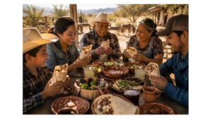 Three generations of a Northern Mexican family enjoying authentic handmade burros at a rustic Sonoran ranch table with carne asada, machaca, fresh salsa, and homemade flour tortillas.