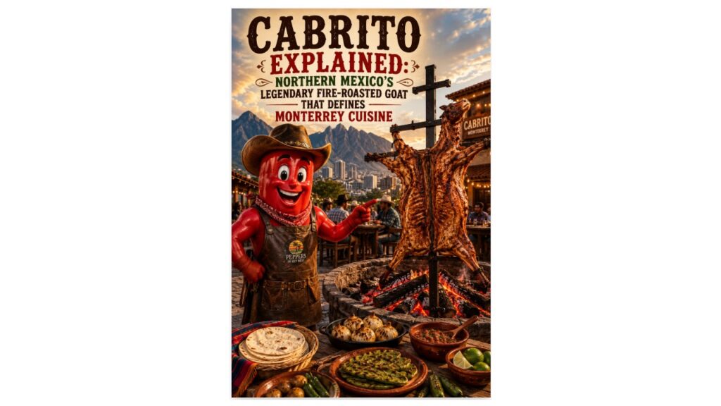 Teaching pepper mascot at an authentic cabrito restaurant in Monterrey beside a traditional fire-roasted goat, highlighting Northern Mexico's legendary live-fire cooking tradition.