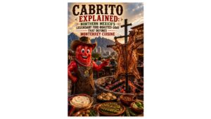 Teaching pepper mascot at an authentic cabrito restaurant in Monterrey beside a traditional fire-roasted goat, highlighting Northern Mexico's legendary live-fire cooking tradition.