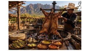 An experienced pitmaster roasts traditional cabrito over glowing mesquite coals at an authentic outdoor restaurant in Monterrey, Nuevo León, with the Sierra Madre mountains in the background.