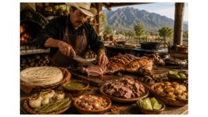 Traditional cabrito is expertly carved in a rustic ranch kitchen near Monterrey, Nuevo León, surrounded by handmade flour tortillas, grilled vegetables, fresh salsa, and the Sierra Madre mountains.