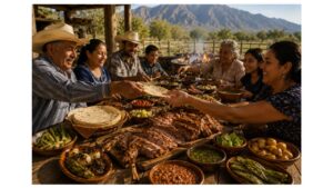 A multigenerational family enjoys traditional cabrito at a ranch outside Monterrey, Nuevo León, with handmade flour tortillas, grilled vegetables, fresh salsa, and the Sierra Madre mountains in the background.