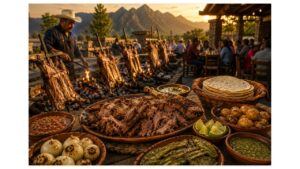 A traditional cabrito restaurant in Monterrey, Nuevo León, features fire-roasted cabrito, handmade flour tortillas, grilled vegetables, and mesquite-fired cooking with the Sierra Madre mountains at sunset.