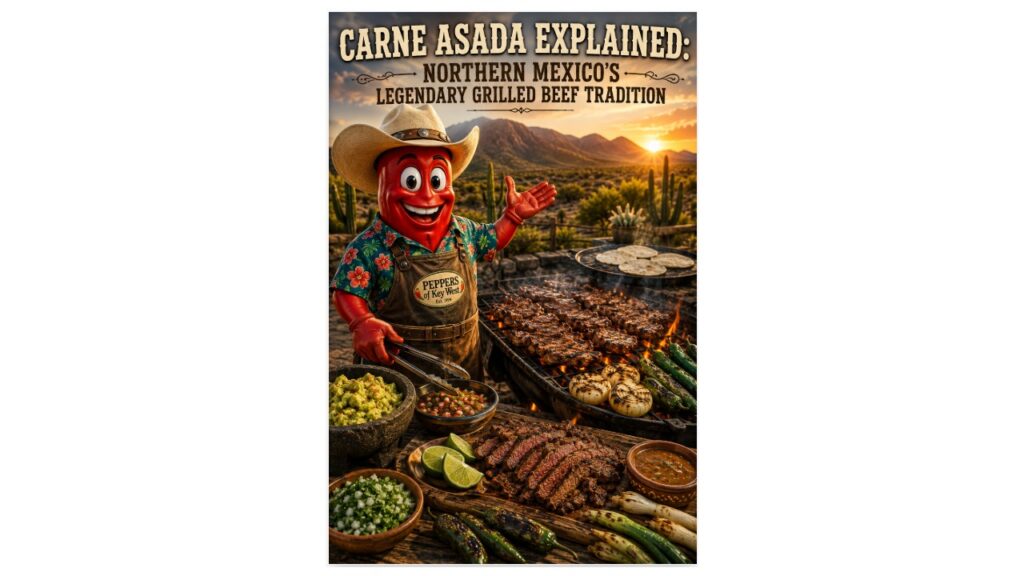 Teaching Peppers of Key West mascot beside authentic carne asada grilling over mesquite in Sonora, Northern Mexico with warm tortillas, grilled onions, salsa, guacamole, and desert mountains at sunset.