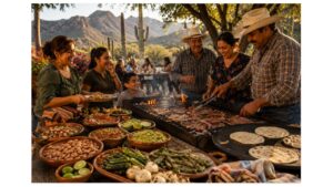 Authentic Sonoran carne asada family gathering with mesquite-grilled beef, warm flour tortillas, fresh salsa, grilled vegetables, and three generations enjoying a backyard cookout in Northern Mexico.