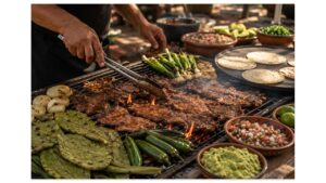 Authentic carne asada grilling over a traditional mesquite fire in Northern Mexico with flour tortillas, nopales, grilled onions, jalapeños, fresh salsa, and guacamole.