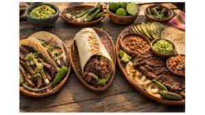 Three authentic carne asada meals from Northern Mexico featuring Sonoran tacos, an oversized burro, and a traditional grilled beef platter with fresh tortillas and classic sides.